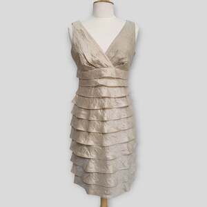 Party Cocktail Dress Dressbarn Women Size Medium Taupe Gold Shimmer Ruffle Glam